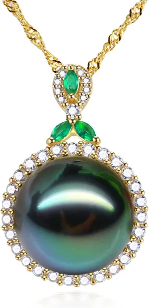 Gifts for Women- Tahitian-Black-Pearl-Necklace for Women, 12-13mm Real South Sea Pearls Pendant Sterling Silver Plated 18K Gold With Urquoise- Christmas Mothers Day Valentine's Day Jewelry