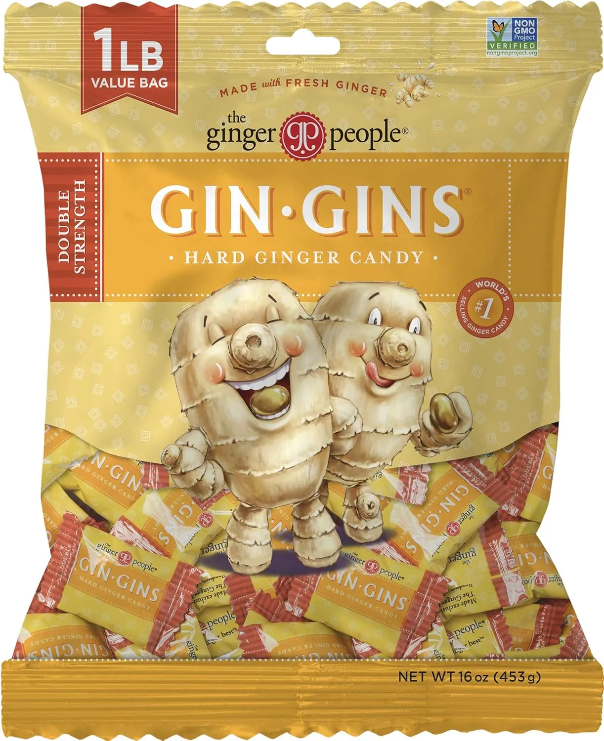 GIN GINS Double Strength Ginger Hard Candy – Natural Ginger Candy by The Ginger People – Individually Wrapped Healthy Candy – Double Strength Flavor – Large 1 lb Bag (16oz) – Pack of 12