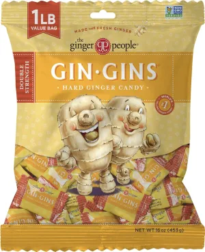 GIN GINS Double Strength Ginger Hard Candy – Natural Ginger Candy by The Ginger People – Individually Wrapped Healthy Candy – Double Strength Flavor – Large 1 lb Bag (16oz) – Pack of 12
