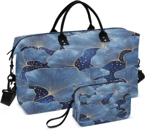 Ginkgo Leaves Stippled Indigo Sports Gym Bag for Women Men Travel Duffel Bag Weekend Overnight Carry on Bag with Toiletry Bag Training Handbag for Yoga Workout Swimming Hospital Plane