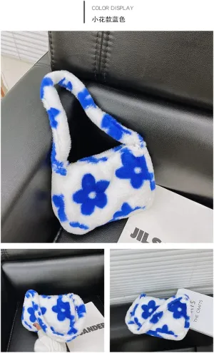 Girls Cute Flower Plush Shoulder Bag Large Tote Handbag Purse Fluffy Underarm Bag Faux Fur Dating Bag for Winter Spring (Blue)