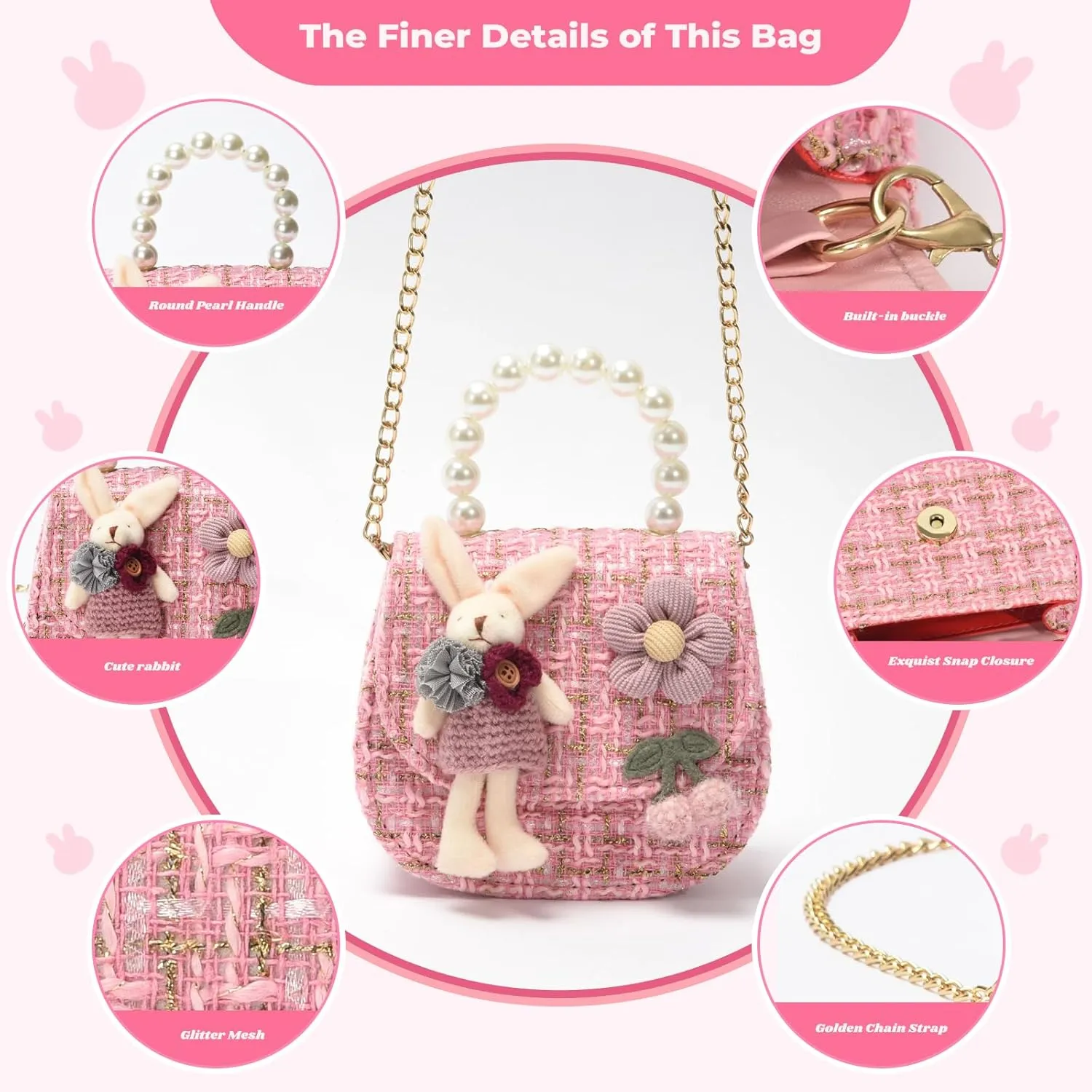 Girls Princess Purses Cute Bunny Toddler Crossbody Bag Handbag with Pearl Handle Shoulder Chain Bag