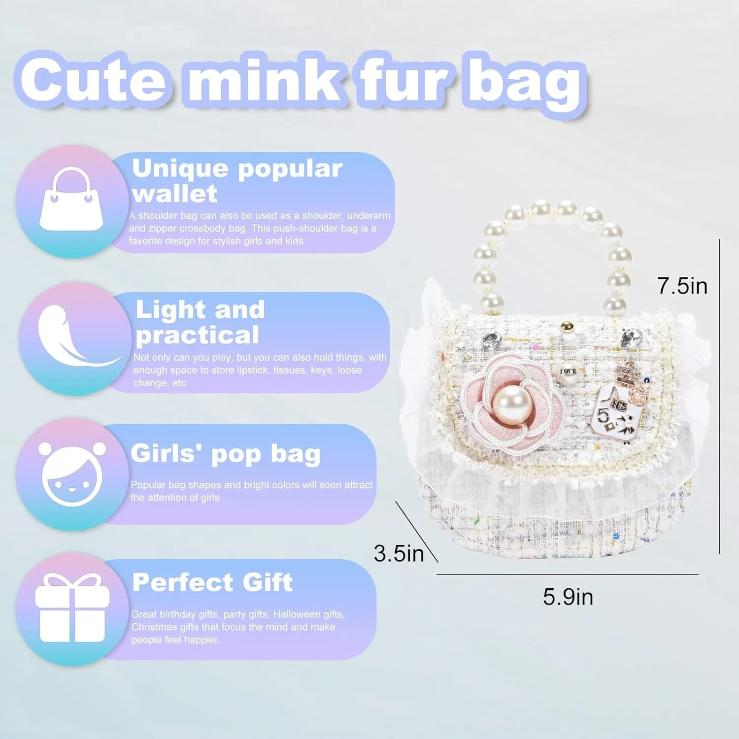 Girls Princess Purses Cute Bunny Toddler Crossbody Bag Handbag with Pearl Handle Shoulder Chain Bag