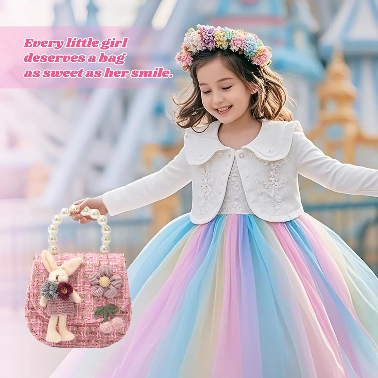 Girls Princess Purses Cute Bunny Toddler Crossbody Bag Handbag with Pearl Handle Shoulder Chain Bag