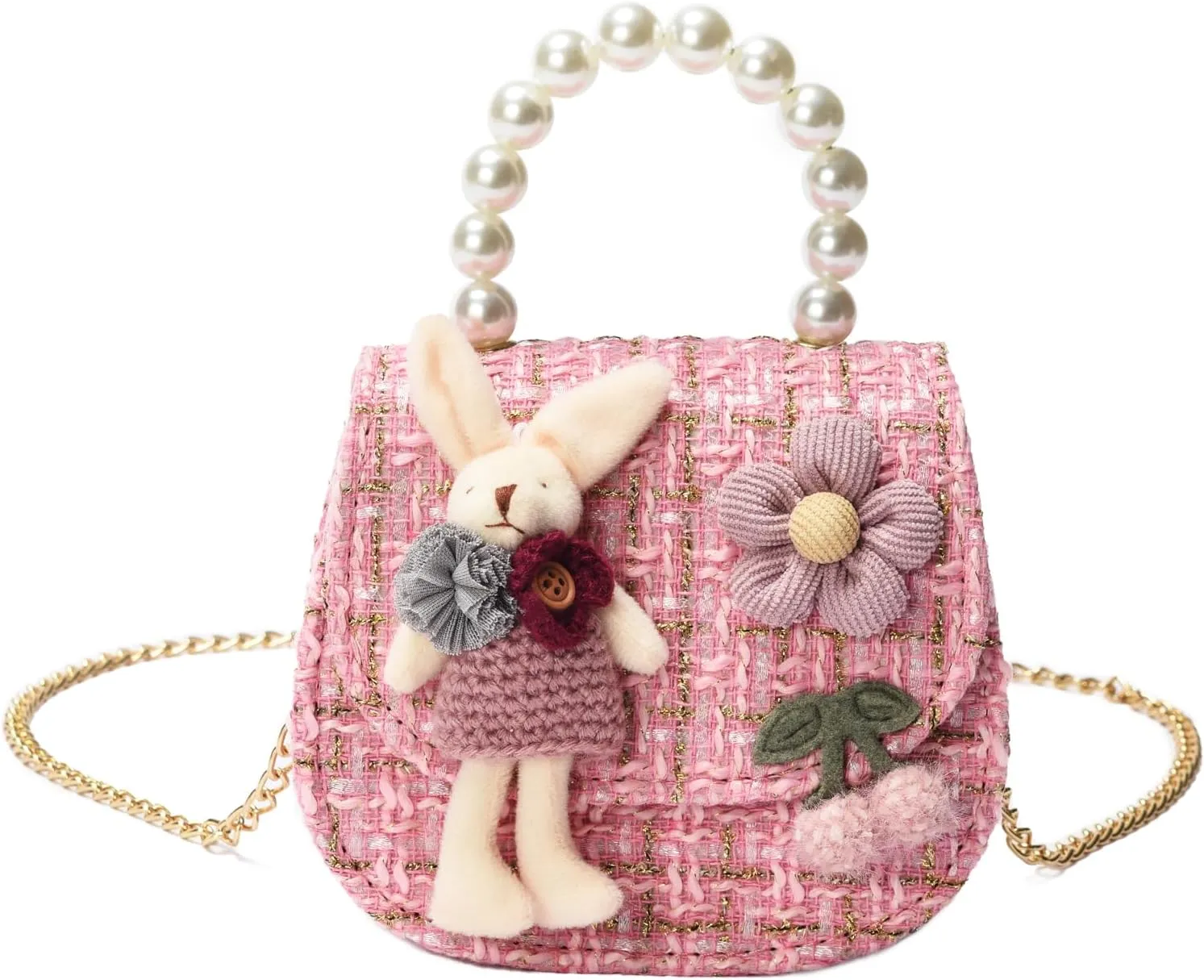 Girls Princess Purses Cute Bunny Toddler Crossbody Bag Handbag with Pearl Handle Shoulder Chain Bag