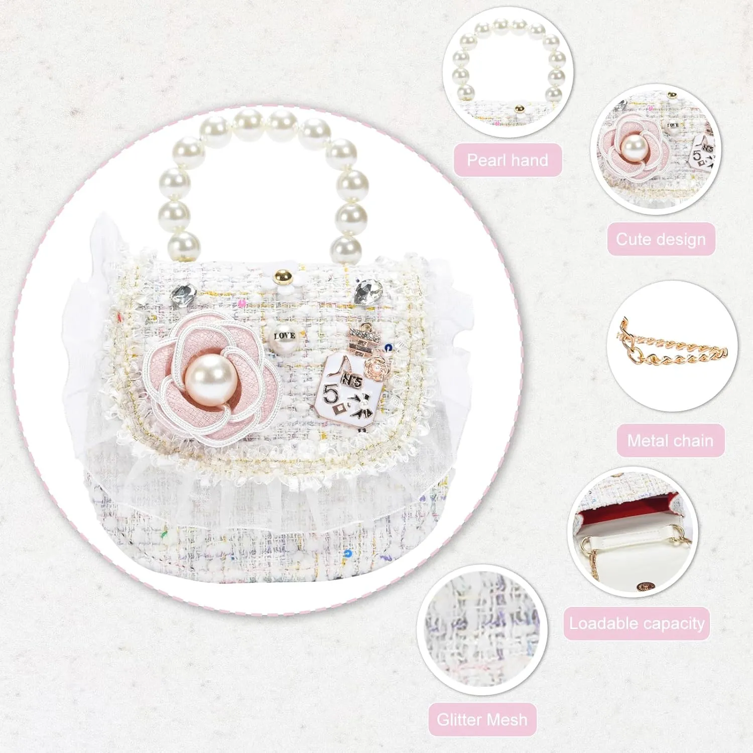 Girls Princess Purses Cute Bunny Toddler Crossbody Bag Handbag with Pearl Handle Shoulder Chain Bag