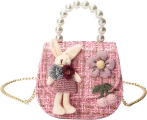 Girls Princess Purses Cute Bunny Toddler Crossbody Bag Handbag with Pearl Handle Shoulder Chain Bag
