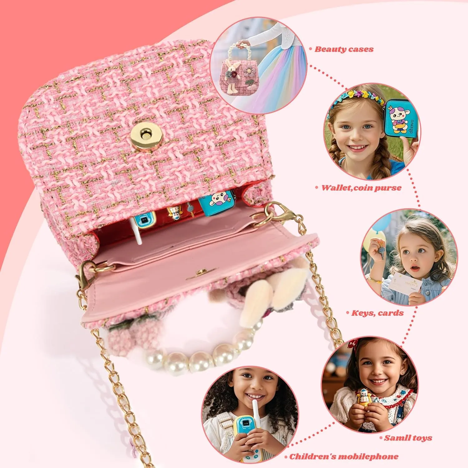 Girls Princess Purses Cute Bunny Toddler Crossbody Bag Handbag with Pearl Handle Shoulder Chain Bag