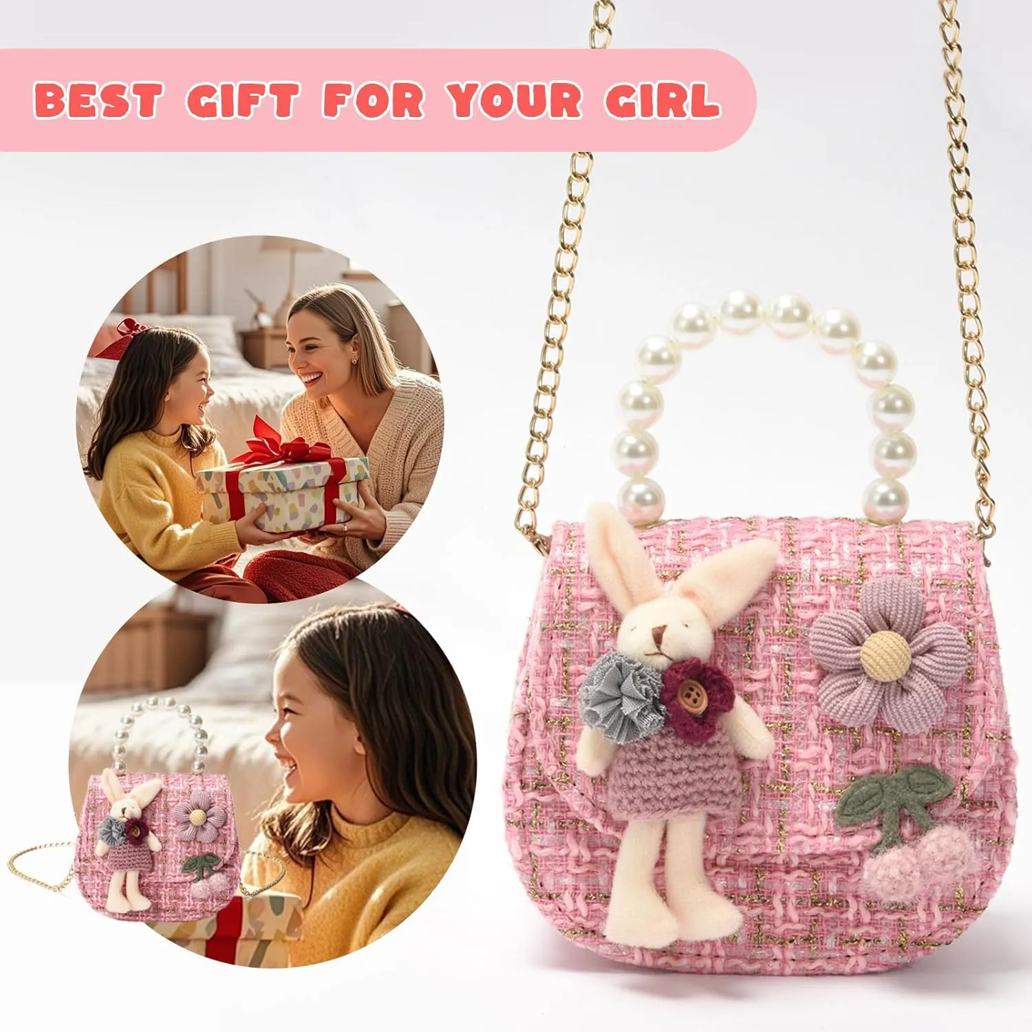 Girls Princess Purses Cute Bunny Toddler Crossbody Bag Handbag with Pearl Handle Shoulder Chain Bag