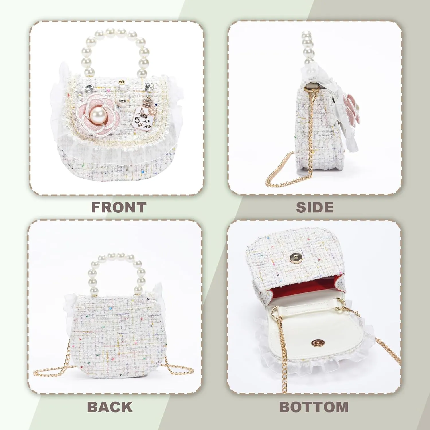 Girls Princess Purses Cute Bunny Toddler Crossbody Bag Handbag with Pearl Handle Shoulder Chain Bag