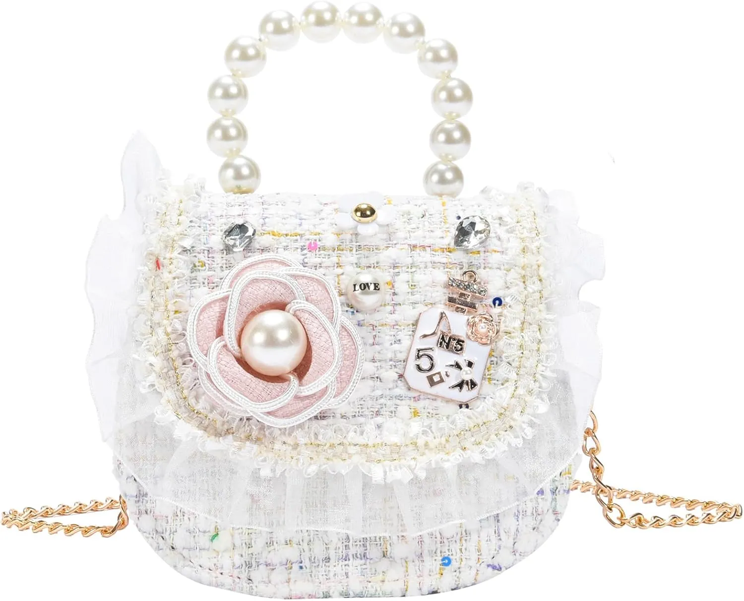 Girls Princess Purses Cute Bunny Toddler Crossbody Bag Handbag with Pearl Handle Shoulder Chain Bag