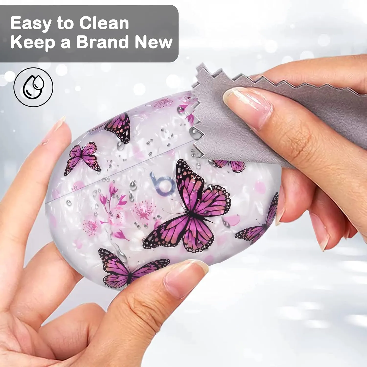 Glitter Marble Shell Design for Beats Studio Buds with Pearl Wrist Chain Keychain Sparkle Protective Skin Cover