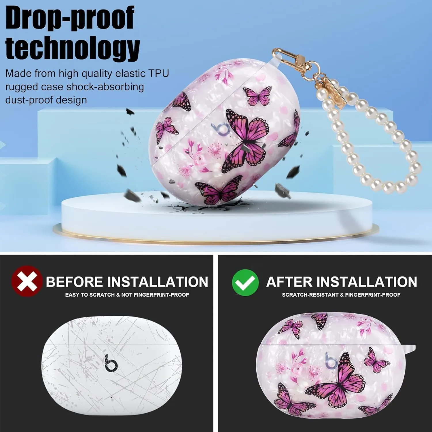Glitter Marble Shell Design for Beats Studio Buds with Pearl Wrist Chain Keychain Sparkle Protective Skin Cover