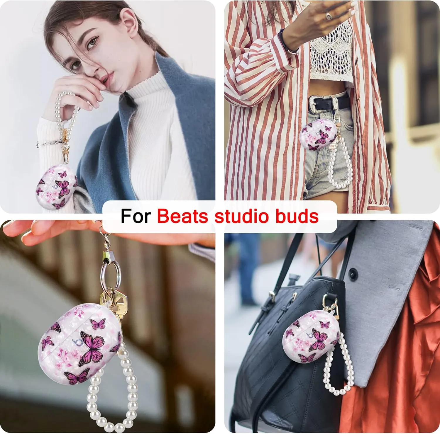 Glitter Marble Shell Design for Beats Studio Buds with Pearl Wrist Chain Keychain Sparkle Protective Skin Cover
