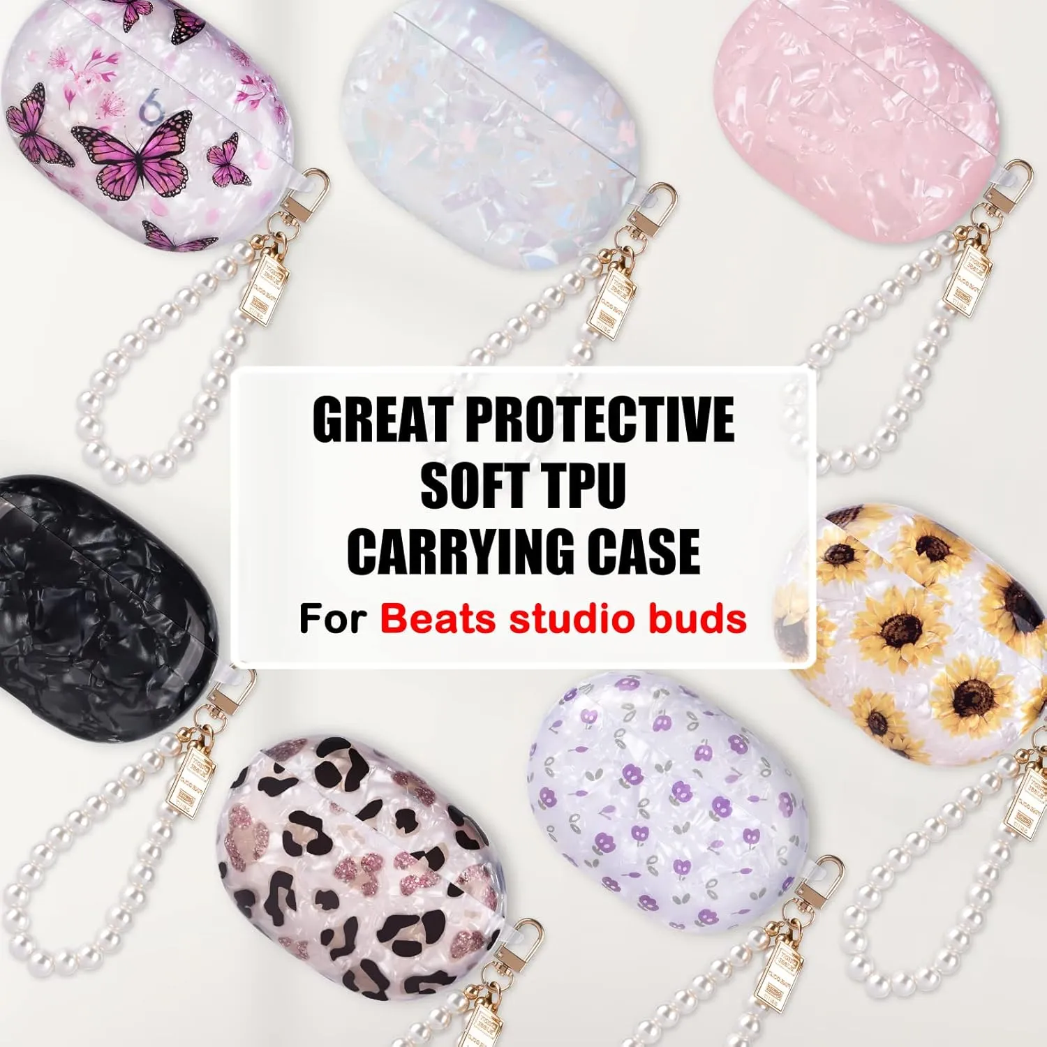 Glitter Marble Shell Design for Beats Studio Buds with Pearl Wrist Chain Keychain Sparkle Protective Skin Cover