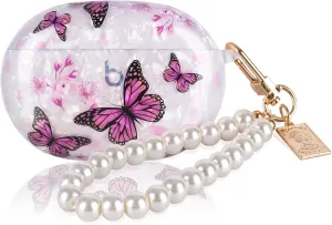 Glitter Marble Shell Design for Beats Studio Buds with Pearl Wrist Chain Keychain Sparkle Protective Skin Cover