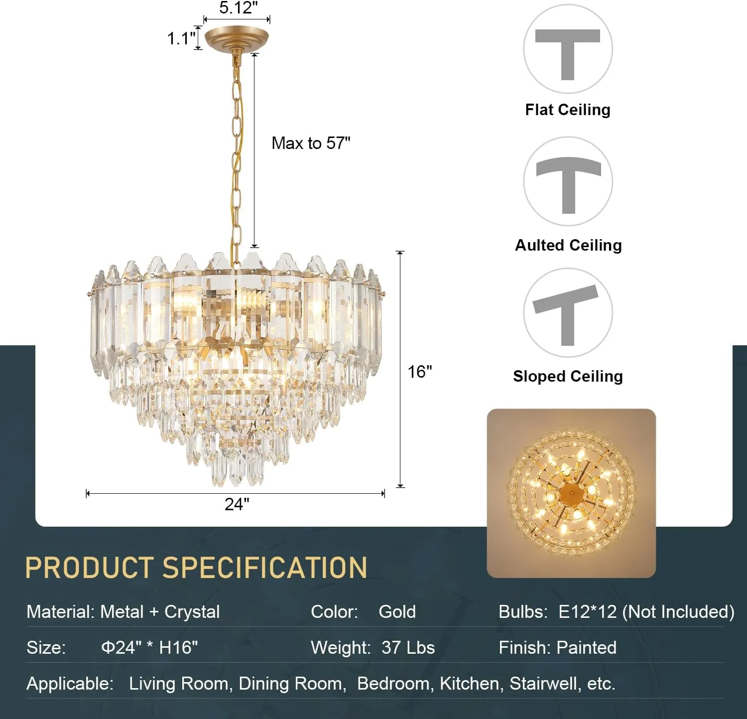 Gold Crystal Chandelier 24" 12 Lights K9 Crystal Modern Chandelier 6-Tier Luxury Pendant Lighting for Living Room Dining Room Bedroom Foyer Entryway, E12