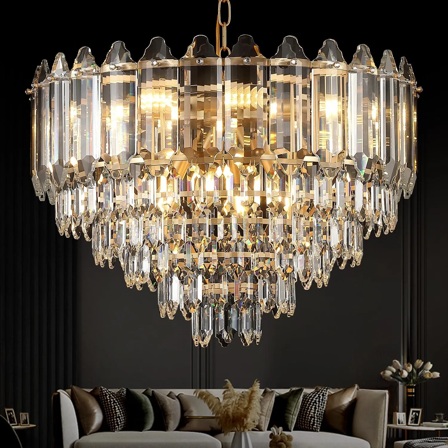 Gold Crystal Chandelier 24" 12 Lights K9 Crystal Modern Chandelier 6-Tier Luxury Pendant Lighting for Living Room Dining Room Bedroom Foyer Entryway, E12