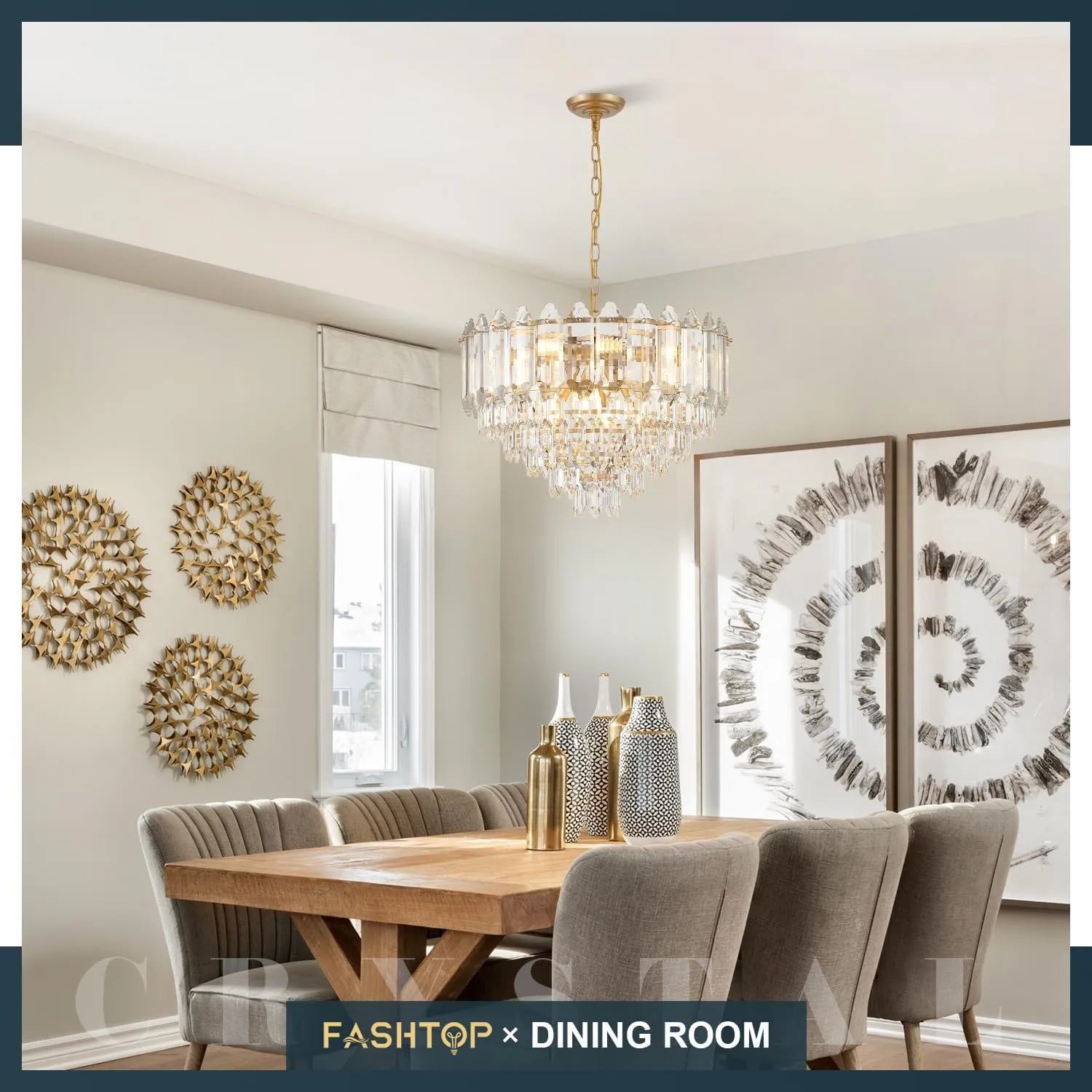 Gold Crystal Chandelier 24" 12 Lights K9 Crystal Modern Chandelier 6-Tier Luxury Pendant Lighting for Living Room Dining Room Bedroom Foyer Entryway, E12