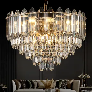 Gold Crystal Chandelier 24" 12 Lights K9 Crystal Modern Chandelier 6-Tier Luxury Pendant Lighting for Living Room Dining Room Bedroom Foyer Entryway, E12