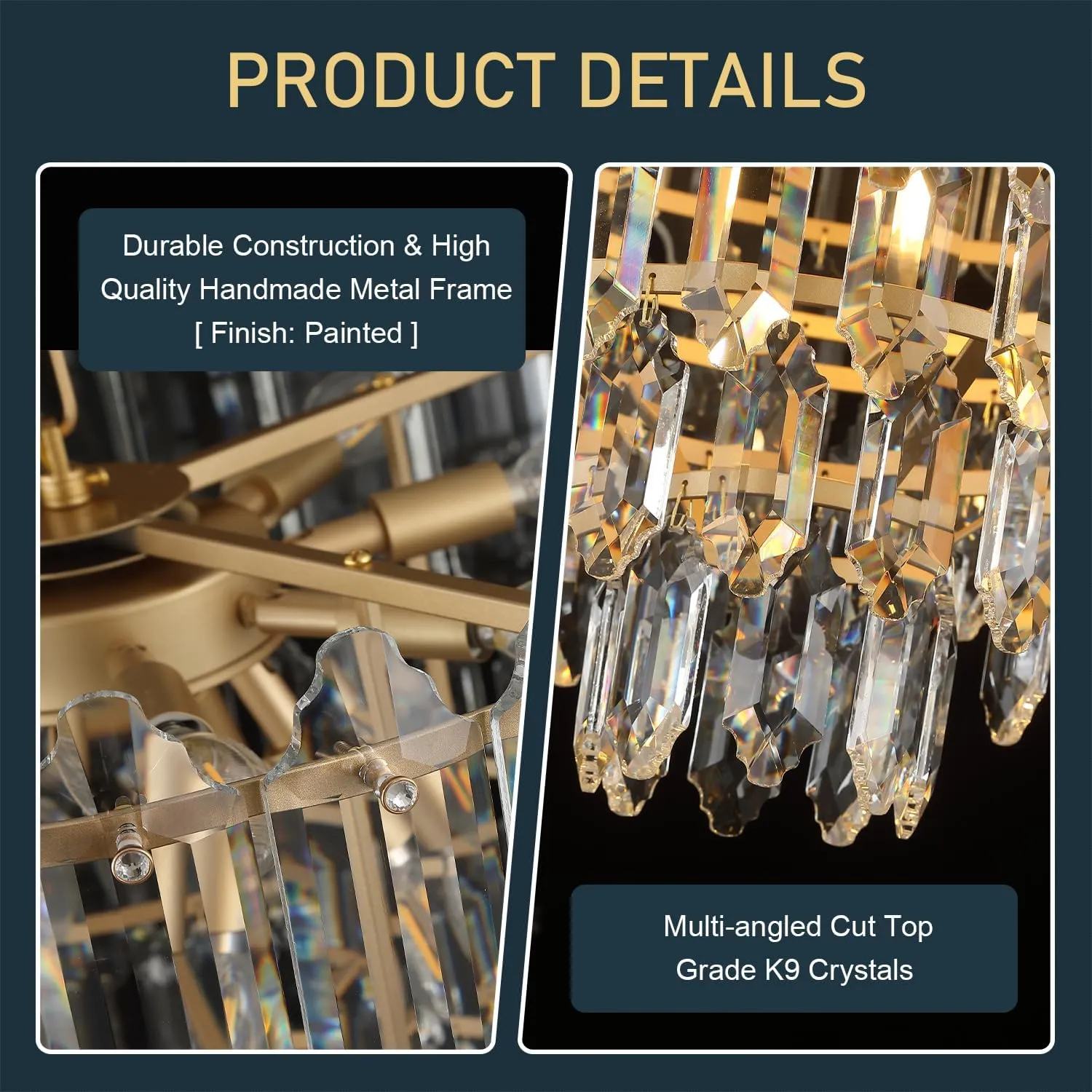 Gold Crystal Chandelier 24" 12 Lights K9 Crystal Modern Chandelier 6-Tier Luxury Pendant Lighting for Living Room Dining Room Bedroom Foyer Entryway, E12