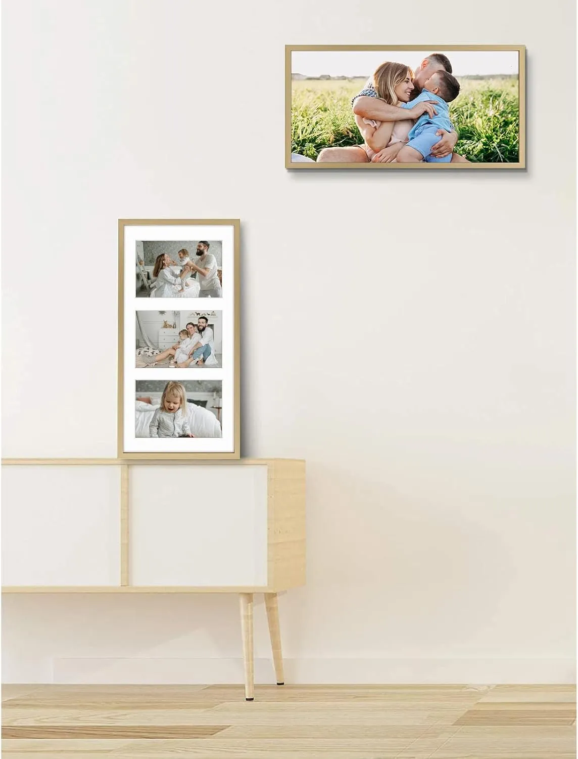 Golden State Art, 4x6 Aluminum Collage Frame, Displays 6x4 Pictures With 3 Openings Mat or One 7x14 Photo, Real Glass, Portrait/Landscape Wall Display, Gold, 1 Pack
