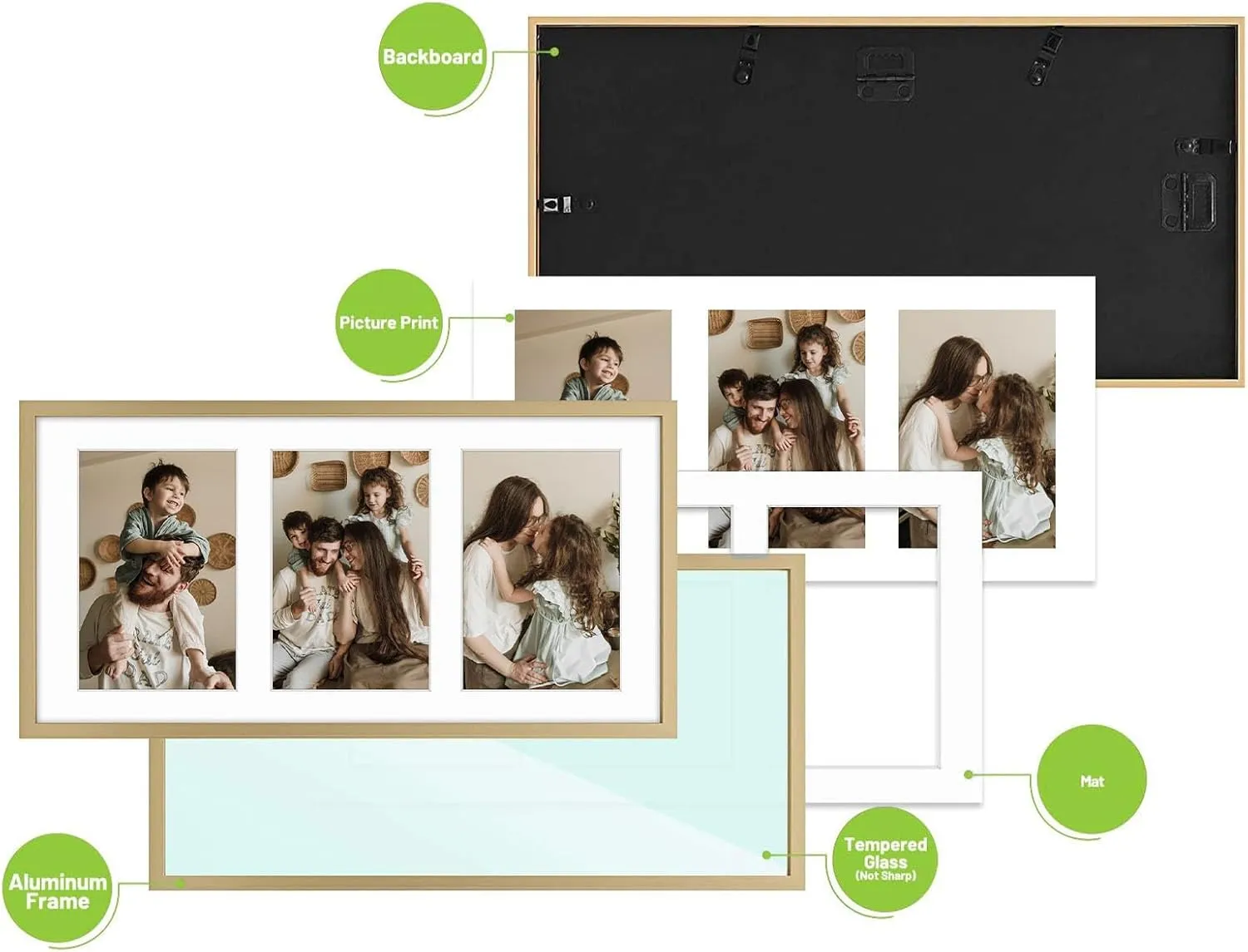Golden State Art, 4x6 Aluminum Collage Frame, Displays 6x4 Pictures With 3 Openings Mat or One 7x14 Photo, Real Glass, Portrait/Landscape Wall Display, Gold, 1 Pack