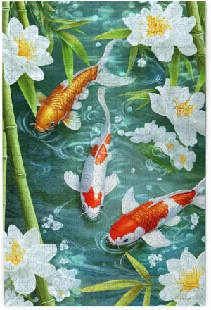 Green Bamboo Water Fish Jigsaw Puzzle 1000 Piece,20x30 Inches Wooden Picture Jigsaw Puzzles for Adult Family Game