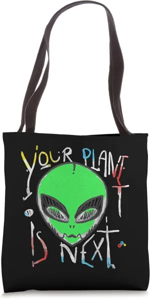 Green Hand Drawn Alien Head UFO Punk Gang Industrial Tote Bag