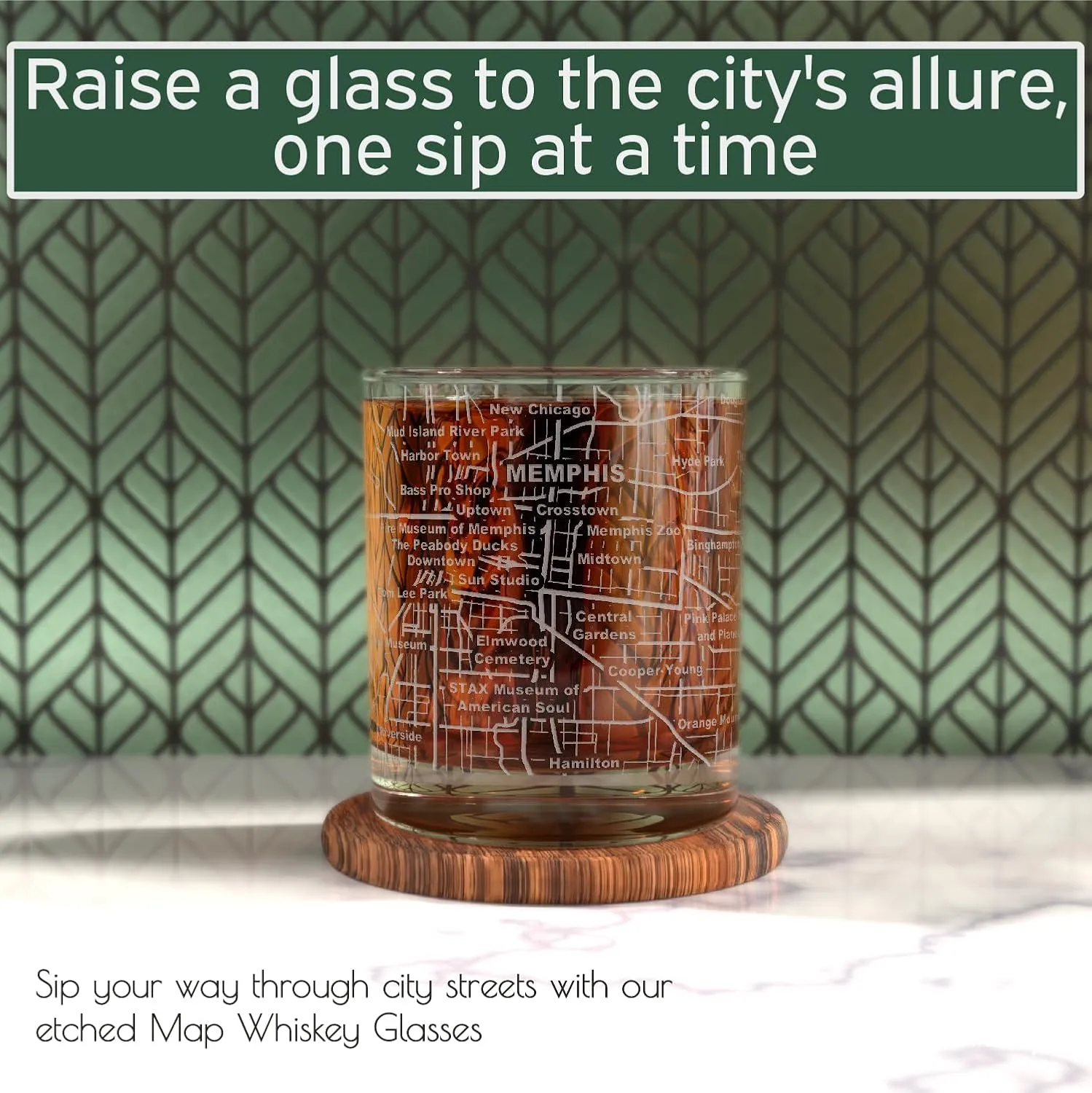 Greenline Goods Whiskey Glasses - 10 Oz Tumbler Set for Memphis lovers, Etched with Memphis City Map Old Fashioned Rocks Glass - Set of 2