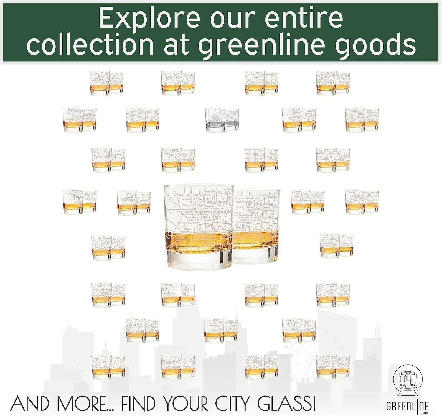 Greenline Goods Whiskey Glasses - 10 Oz Tumbler Set for Memphis lovers, Etched with Memphis City Map Old Fashioned Rocks Glass - Set of 2