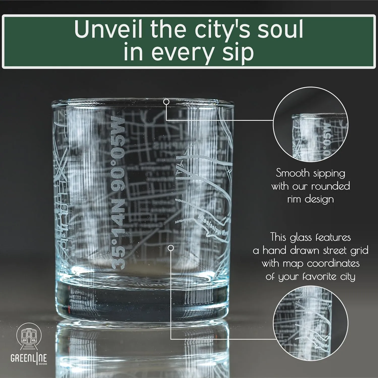 Greenline Goods Whiskey Glasses - 10 Oz Tumbler Set for Memphis lovers, Etched with Memphis City Map Old Fashioned Rocks Glass - Set of 2