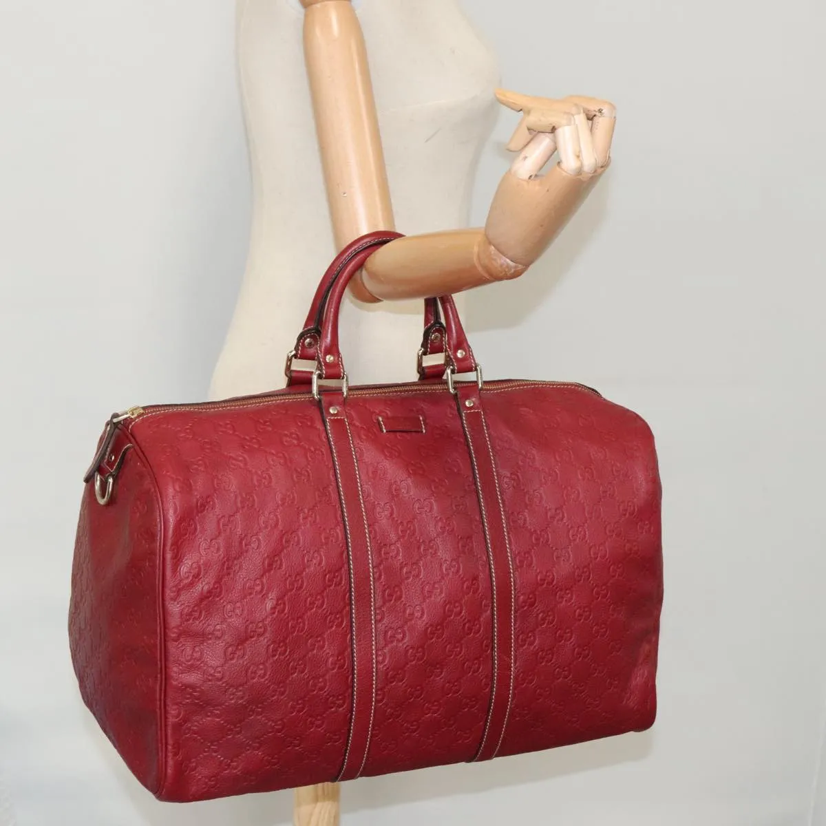 GUCCI GG Canvas Guccissima Boston Bag Leather Red Gold 206501 yk15866
