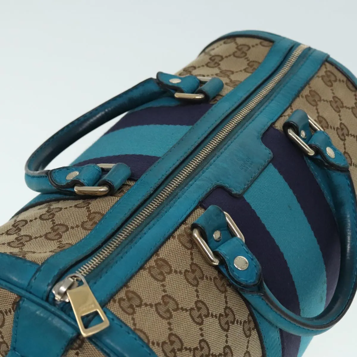GUCCI GG Canvas Sherry Line Boston Bag 2way Beige Blue 247205 89624