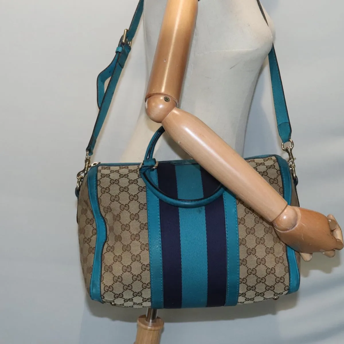 GUCCI GG Canvas Sherry Line Boston Bag 2way Beige Blue 247205 89624