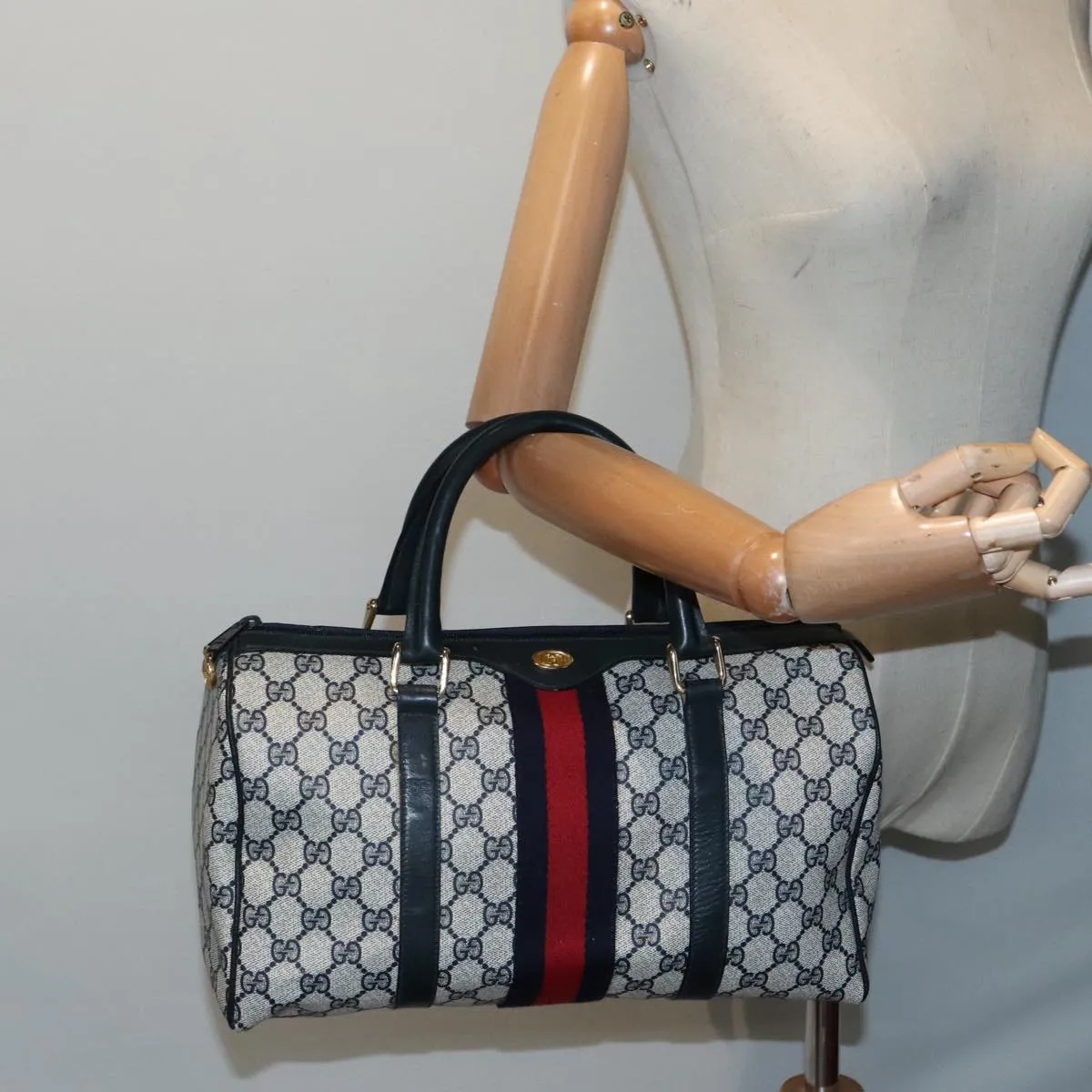 GUCCI GG Canvas Sherry Line Boston Bag PVC Leather Navy Red 92245