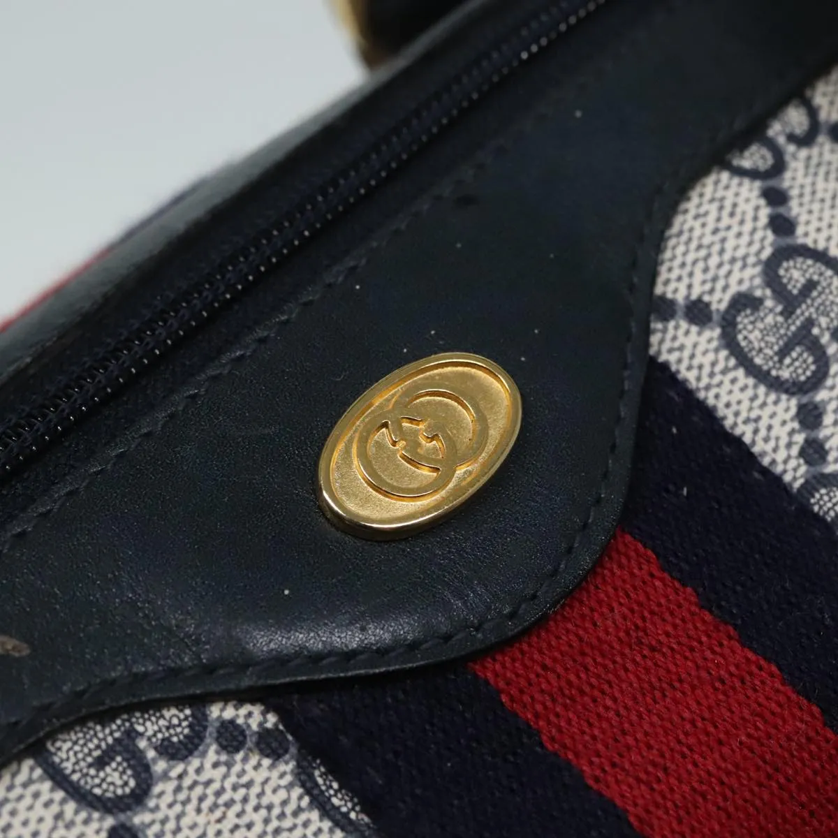 GUCCI GG Canvas Sherry Line Boston Bag PVC Leather Navy Red 92245