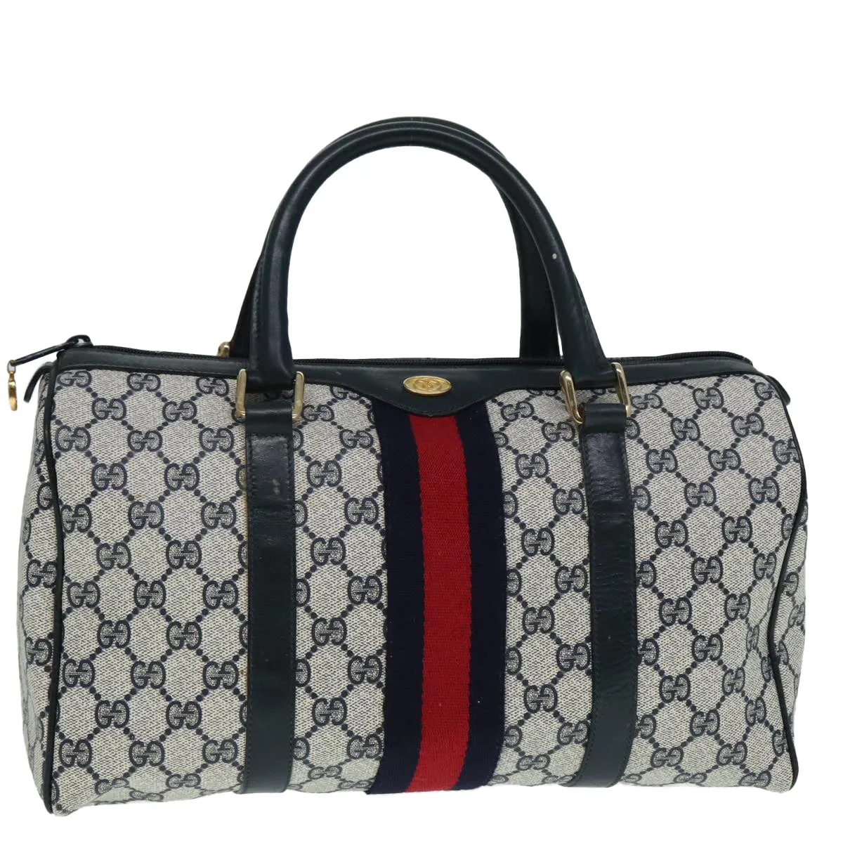 GUCCI GG Canvas Sherry Line Boston Bag PVC Leather Navy Red 92245