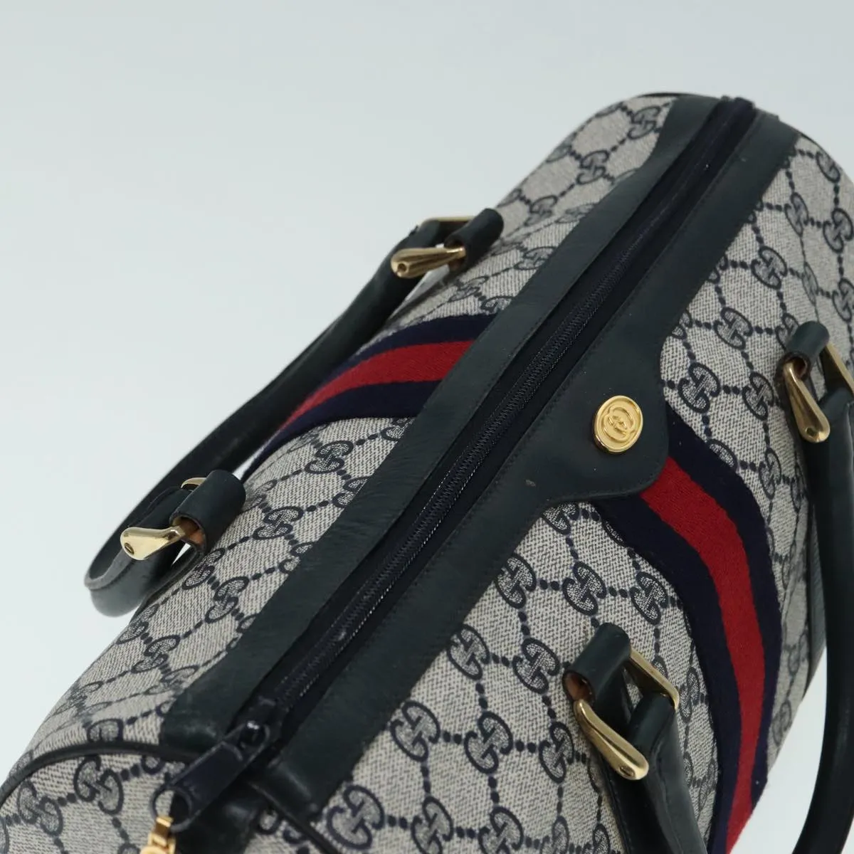 GUCCI GG Canvas Sherry Line Boston Bag PVC Leather Navy Red 92245