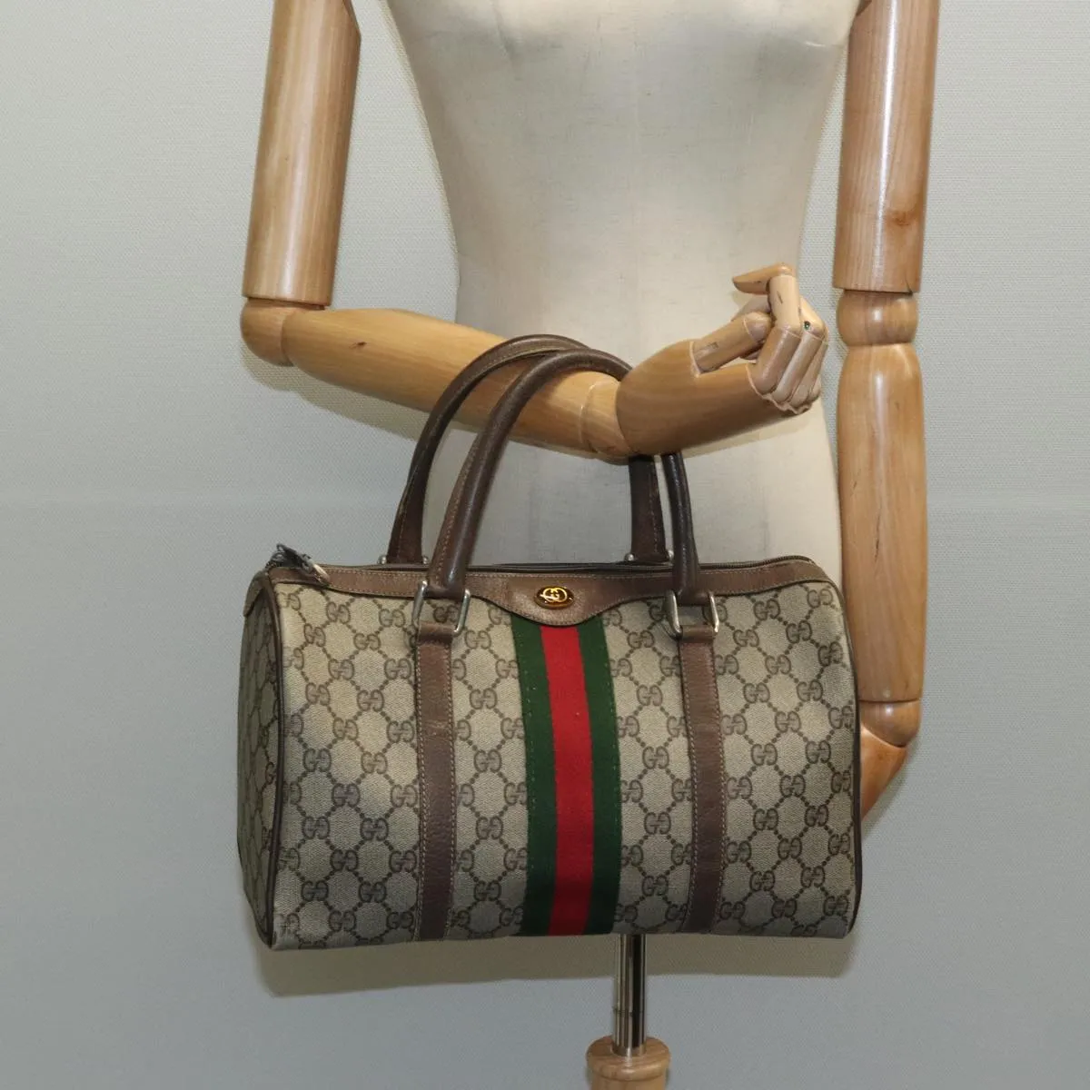 GUCCI GG Supreme Boston Bag PVC Beige Green Red 95970