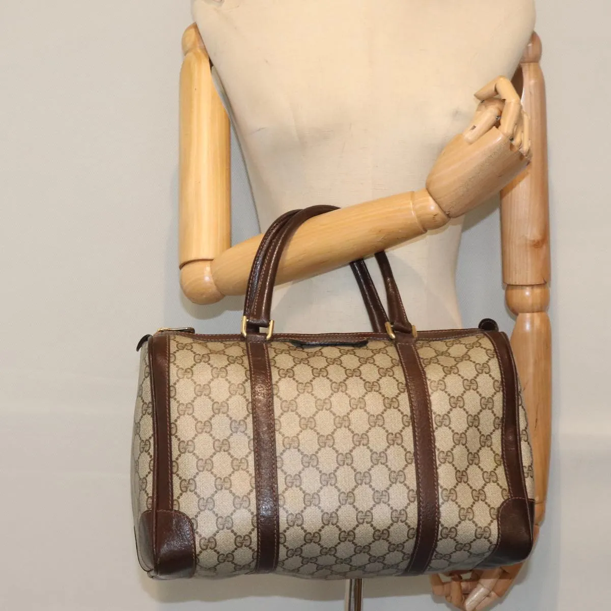 GUCCI GG Supreme Boston Bag PVC Leather Beige Brown Gold 93298