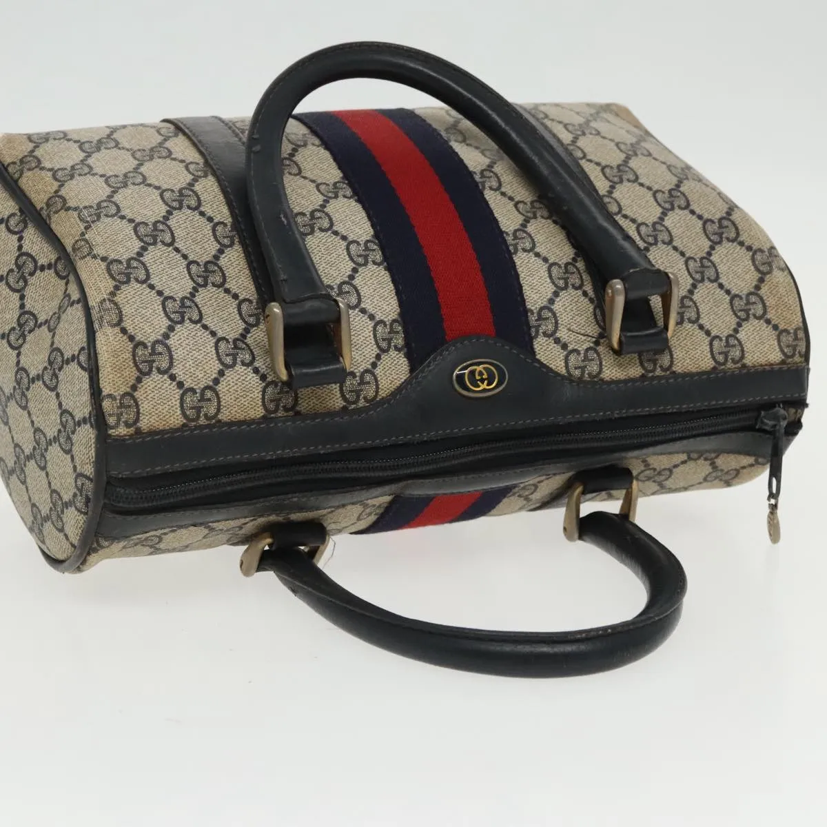 GUCCI GG Supreme Sherry Line Boston Bag PVC Navy Red gold 012 3841 58 94298