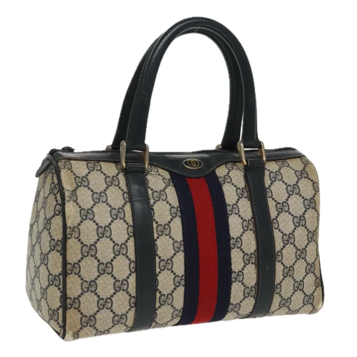 GUCCI GG Supreme Sherry Line Boston Bag PVC Navy Red gold 012 3841 58 94298