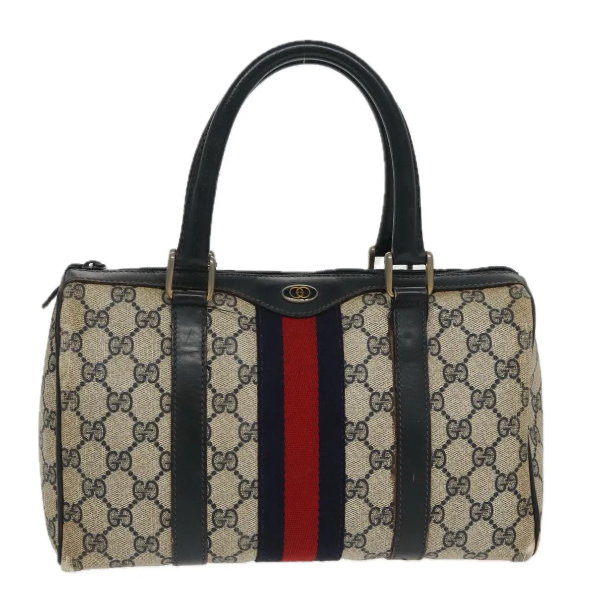GUCCI GG Supreme Sherry Line Boston Bag PVC Navy Red gold 012 3841 58 94298