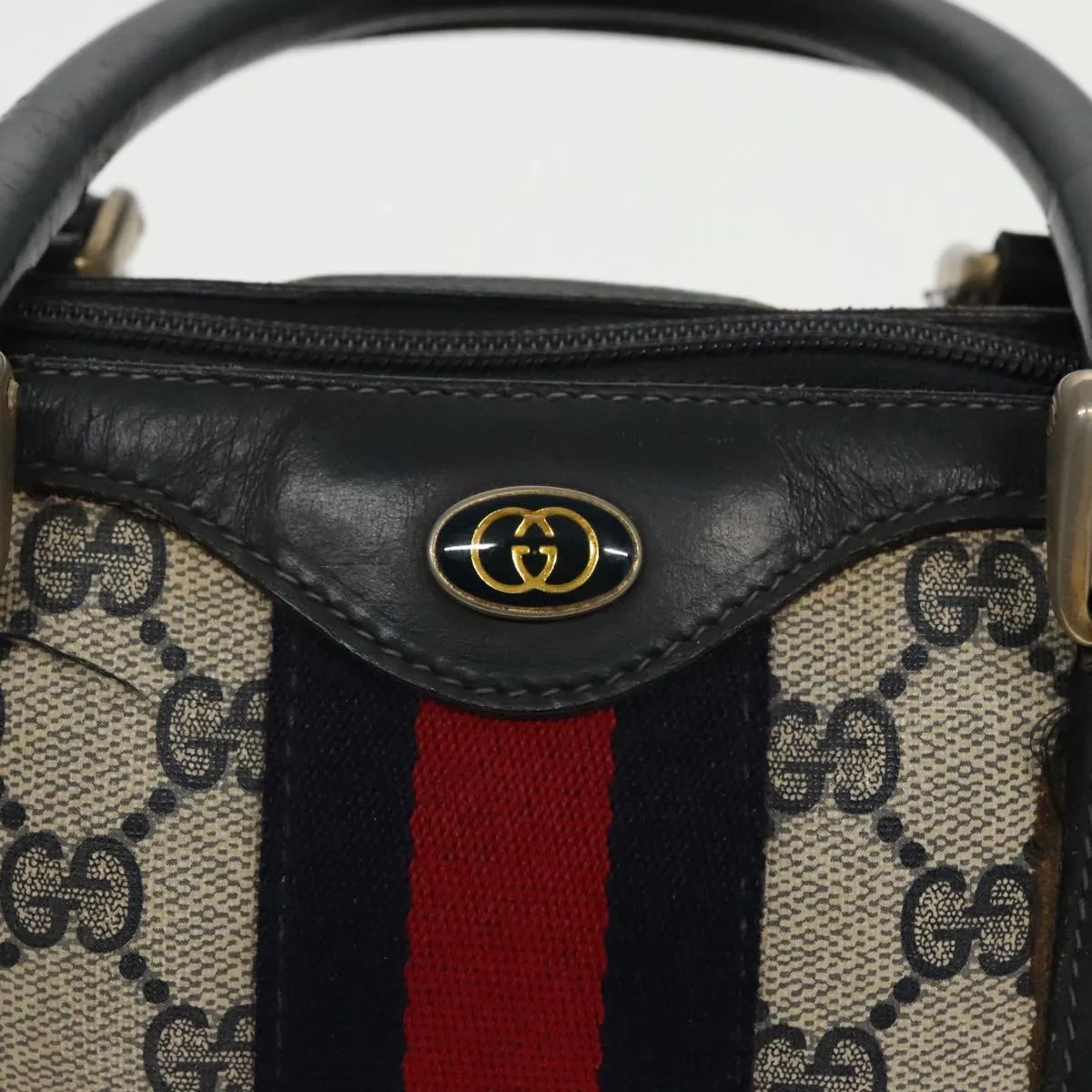 GUCCI GG Supreme Sherry Line Boston Bag PVC Navy Red gold 012 3841 58 94298