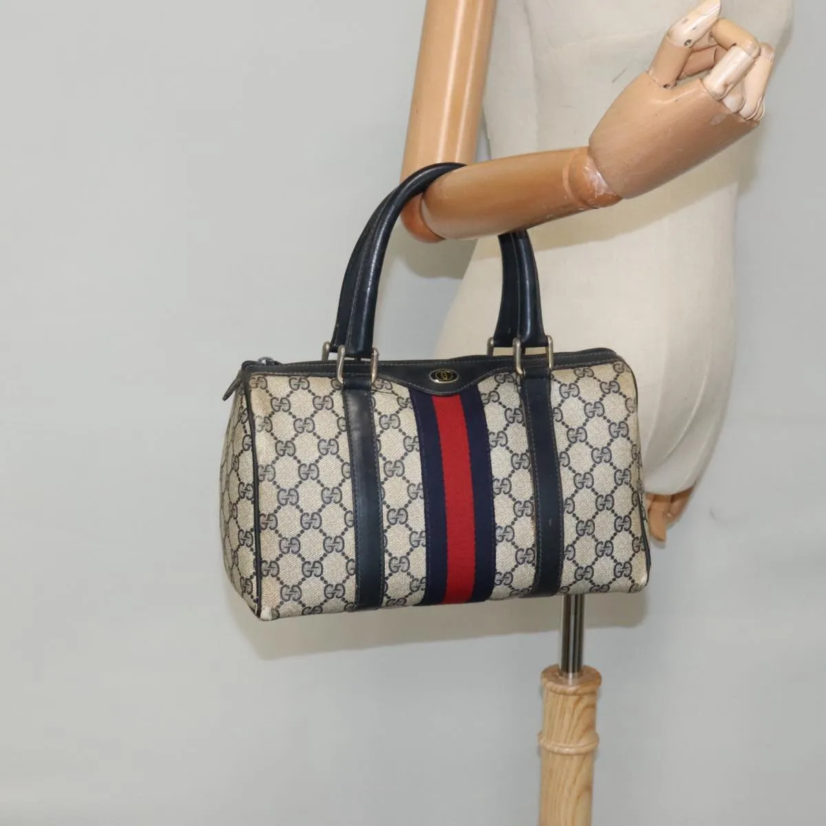 GUCCI GG Supreme Sherry Line Boston Bag PVC Navy Red gold 012 3841 58 94298