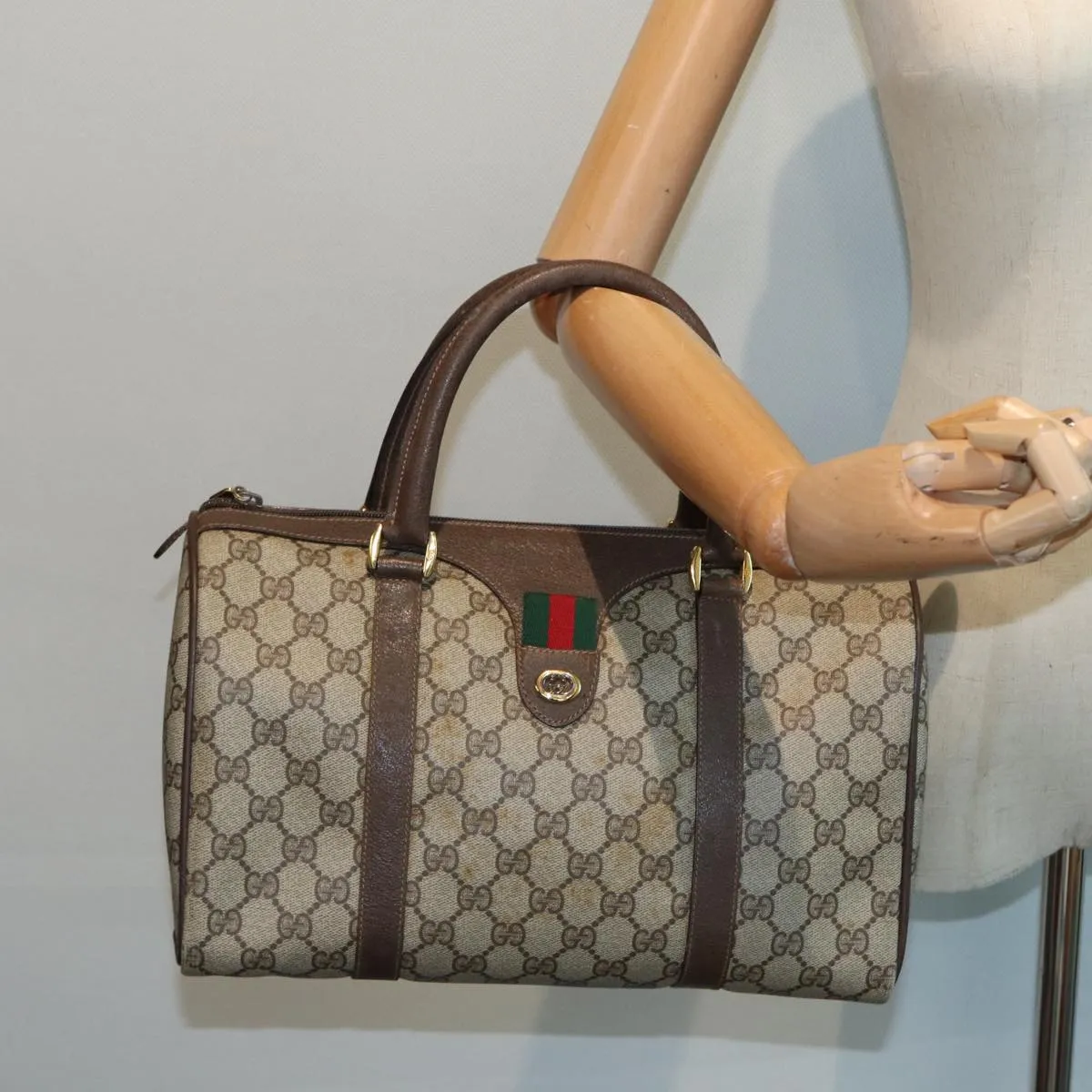 GUCCI GG Supreme Web Sherry Line Boston Bag Beige Red Green 83924