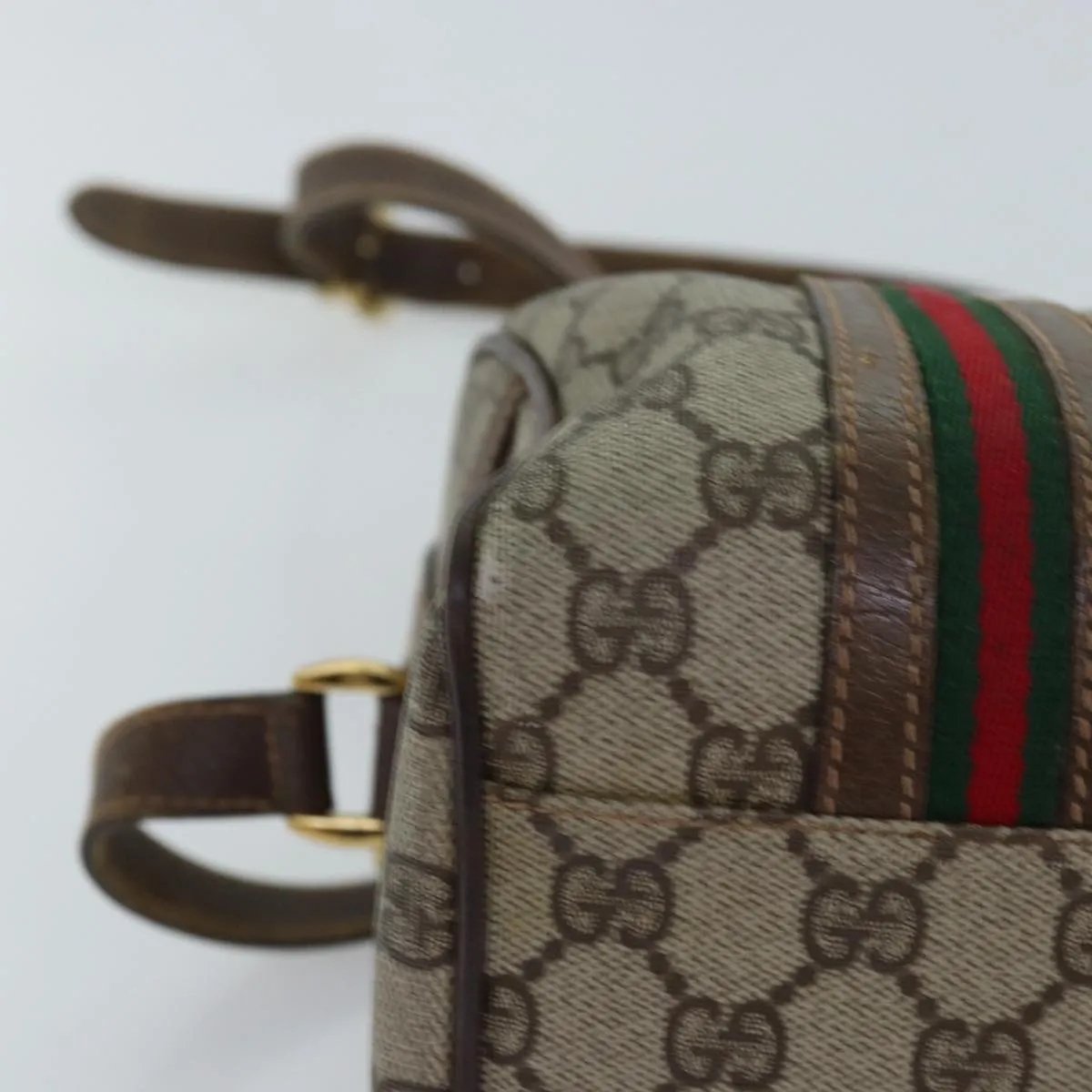 GUCCI GG Supreme Web Sherry Line Boston Bag PVC 2way Beige Red Green ki4476