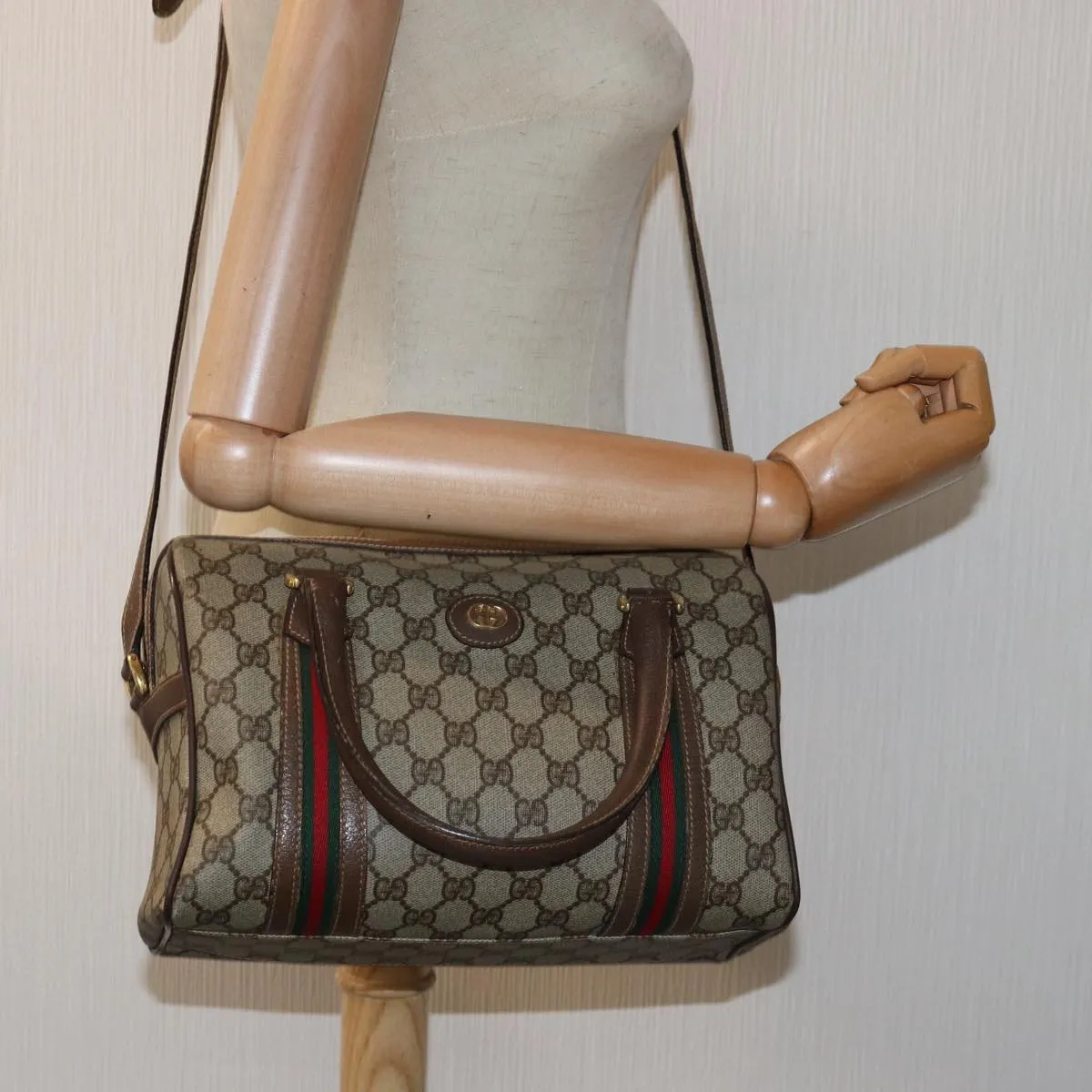 GUCCI GG Supreme Web Sherry Line Boston Bag PVC 2way Beige Red Green ki4476
