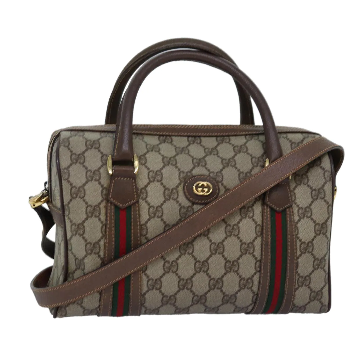 GUCCI GG Supreme Web Sherry Line Boston Bag PVC 2way Beige Red Green ki4476
